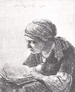 By Rembrandt - Woman reading a book and wearing a scarf on her head