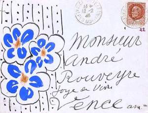 By Matisse, Henri - Three blue flowers to decorate the sending of a letter