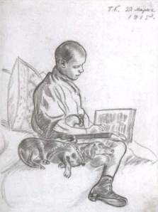By Kustodiev - The male child of the author, reads beside his dog