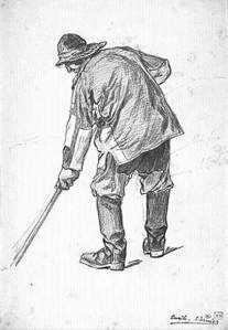 By Vernier, Emile L. - Man working and wearing hat, cape and boots