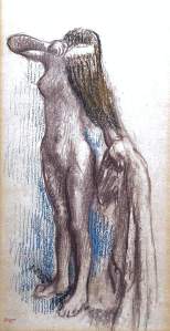 By Degas - Naked girl holding a towel while she arranges her hair