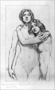 By Cox, K. - Study of two embraced women, one holding a staff