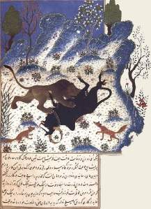 By anonymous illustrator of arabian tales and fables of 8th century - Zebu assaulted by a feline and two foxes