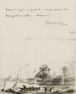 By Van Gogh - Drawing of a boat and a donkey by a lake