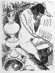 By Kirchner - A nude woman reading the news beside an oil lamp