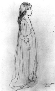 By Corinth, Lovis - Sketch of a standing girl seen in profile over a face at the bottom of her nightgown