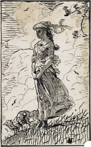 By Homer, Winslow - An elegant shepherdess wearing a hat with ribbons