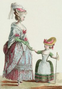 By Leclerc, P. T. - Woman and daughter wearing dresses furnished with pinks ribbons and bows