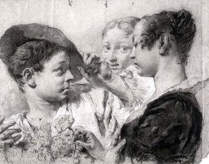 By Piazzetta, G. B. - Two girls kidding with the carnations and the hat of a boy florist