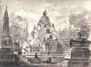 By Challe, Charles, M. A. - Architectural fantasy with a pyramidal mausoleum
