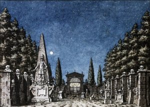 By Quagli, Giuseppe - The cemetery where Don Juan hears the voice from beyond the grave. The Mozart's opera 'Don Giovanni'