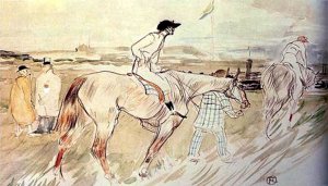 By Toulouse-Lautrec - Two jockeys towards the racetrack